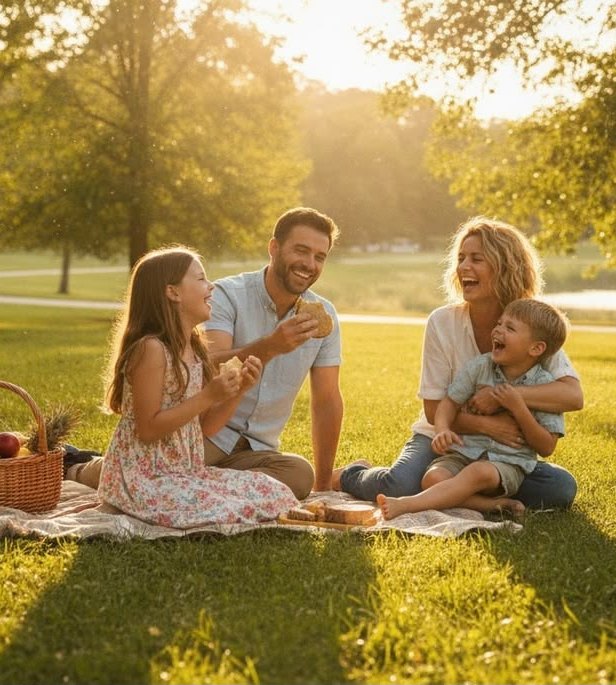 A family laughing together on a picnic blanket in the park