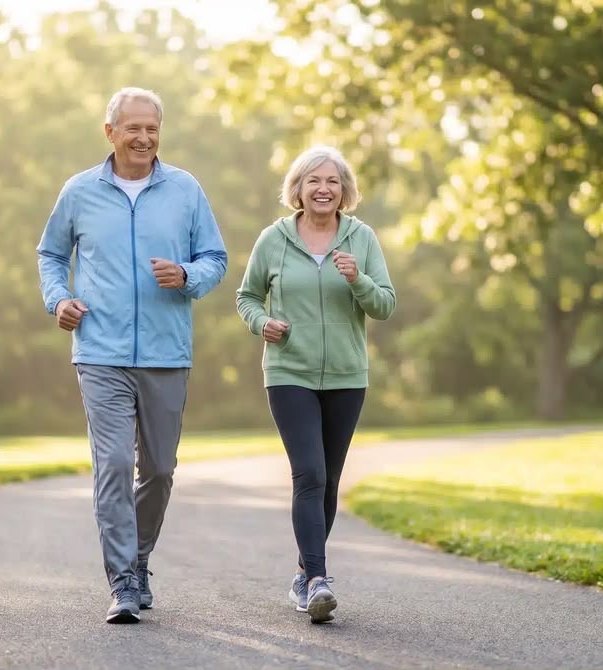 An older couple jogging together on a sunny park path