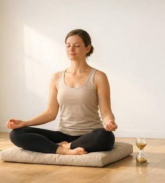 A woman meditating in a calm, sunlit room